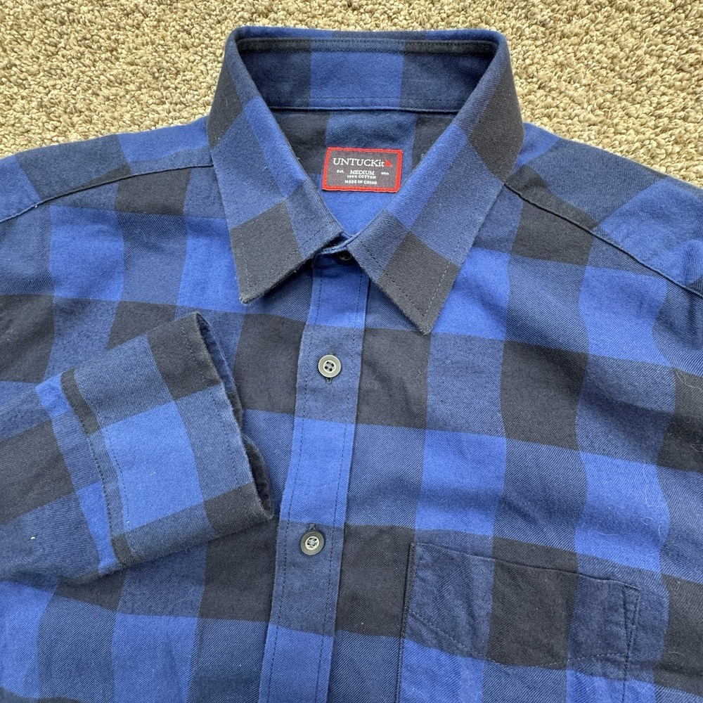Untuckit Shirt Mens Size Medium Button Up Blue Black Flannel Plaid Check Casual